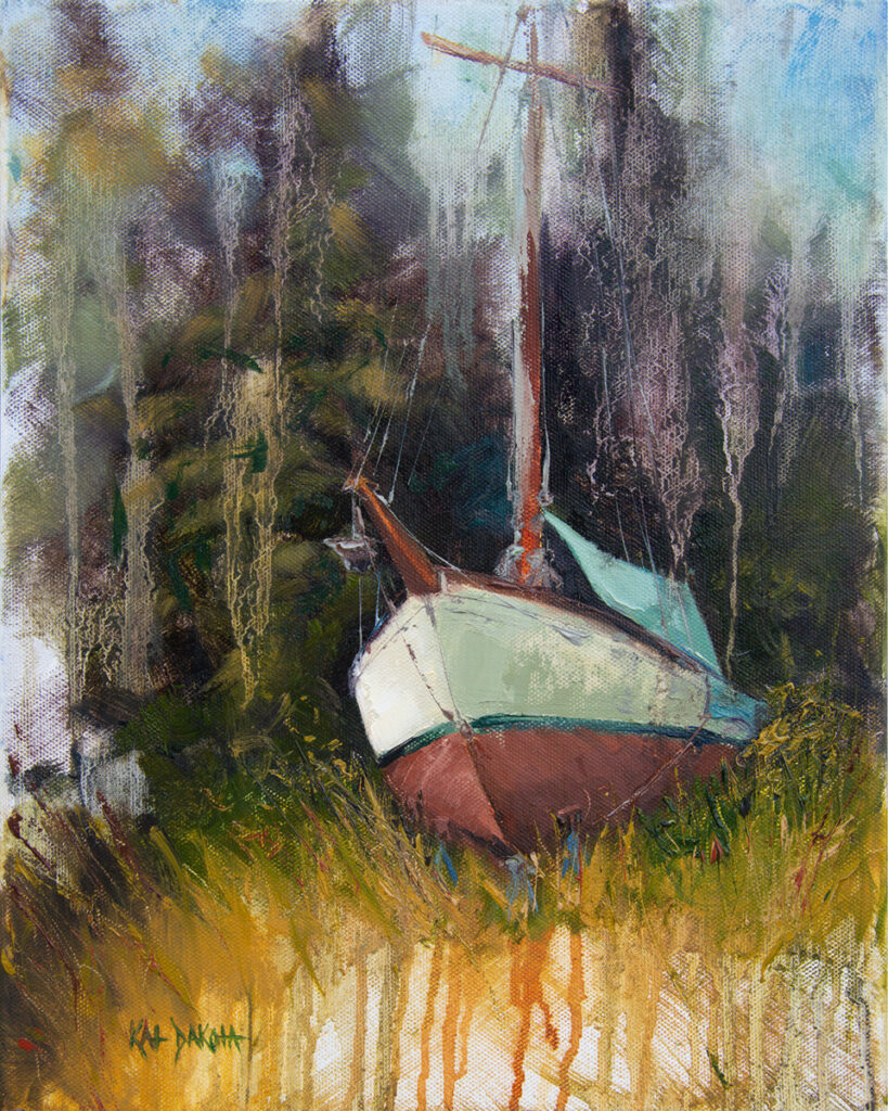 Sailboat in boat yard Oil Painting by Kat Dakota