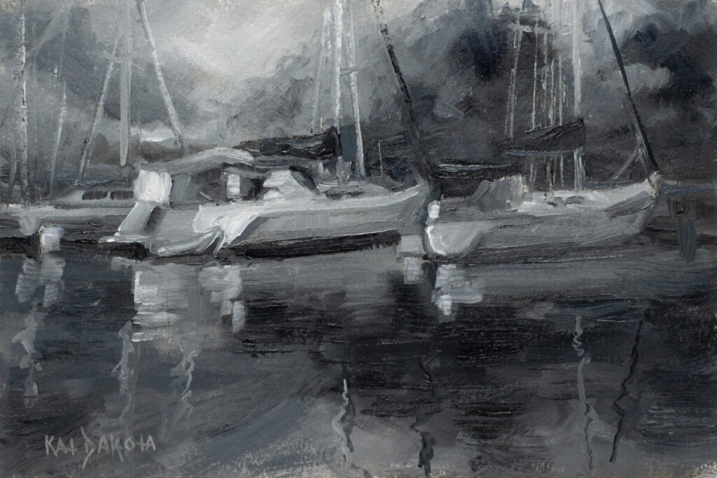 Suttons Bay Marina Monochromatic Oil Painting by Kat Dakota