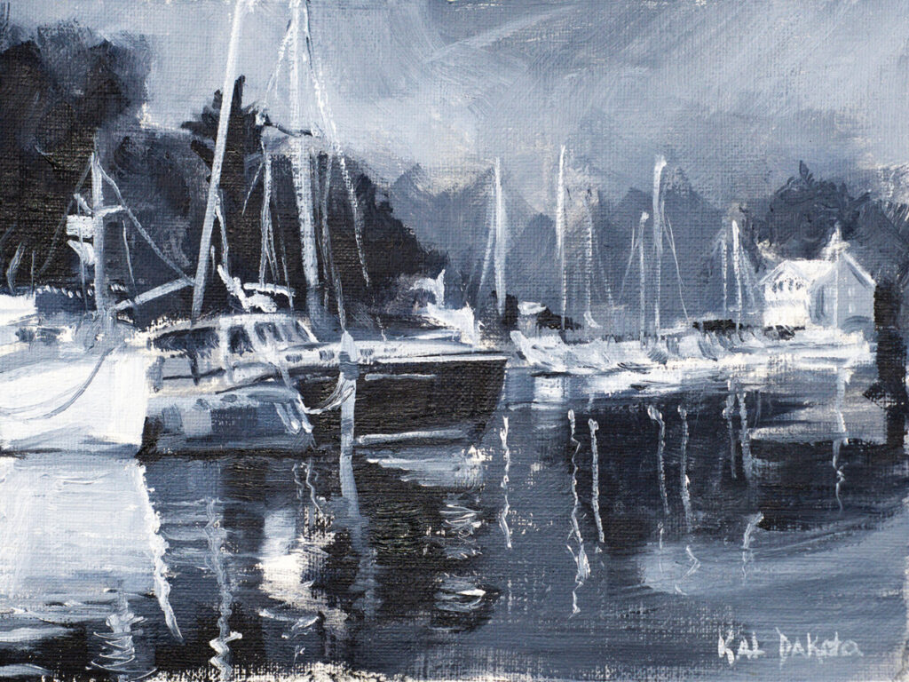Monochromatic Suttons Bay Marina Oil Painting by Kat Dakota